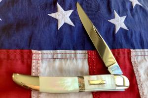 Russell Large Locking Toothpick Pocket Knife w/ Great Mother of Pearl Handles + Abalone Band - NOS