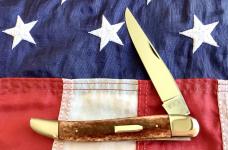 Russell Large Locking Toothpick Pocket Knife w/ Pretty Brown Bone Handles + Abalone Band - NOS