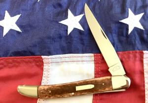 Russell Large Locking Toothpick Pocket Knife w Pretty Brown Bone Handles  Abalone Band - NOS