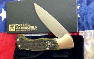 J A Henckels (HK-135-GB) Folding Hunter Pocket Knife with Green Bone Handles -NOS +Orig Box