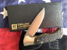 J A Henckels (HK-135-GB) Folding Hunter Pocket Knife with Green Bone Handles -NOS +Orig Box