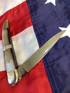 Russell Large Locking Toothpick Pocket Knife w/ Flashy Black Lip Pearl Handles + Abalone Band - NOS