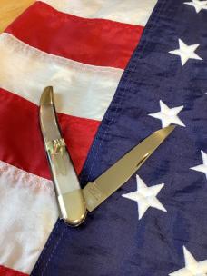 Russell Large Locking Toothpick Pocket Knife w/ Flashy Black Lip Pearl Handles + Abalone Band - NOS