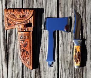 Unused Case's Tested XX Interchangeable hatchet knife w stag handle & hand tooled custom sheath 1935