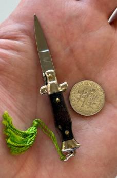 Rare Miniature Switchblade Knife, Ebony Wood Scale, Original Tassel, Maniago Italy
