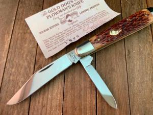 Kabar Plowman Knife (English Jack) 14kt Gold Dog’s Head Shield Brown Jigged Bone 1985