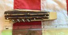 Vintage J A Henckels 2 Blade Multi Blade/Tool Knife w/ Corkscrew & Great Stag Handles