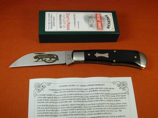 Schatt & Morgan Smooth Black Buffalo Horn Wampus Cat Trapper Knife by Cooper Cutlery 3WBH USA Made Schatt & Morgan Smooth Black Buffalo Horn Wampus Cat Trapper Knife by Cooper Cutlery 3WBH USA Made