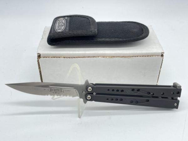 2002 MICROTECH Dragonfly Serrated Butterfly Knife w/ Sheath (#167) w/ OMP Box 2002 MICROTECH Dragonfly Serrated Butterfly Knife w/ Sheath (#167) w/ OMP Box