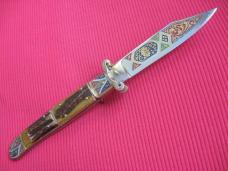 Vintage Spanish Large Size Engraved Shell Puller Leverlock Switchblade Knife                