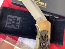 J A Henckels Folding Hunter Pocket Knife w/ Green Pick Bone Handles -NOS +Orig Box