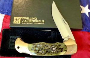 J A Henckels Folding Hunter Pocket Knife w/ Green Pick Bone Handles -NOS +Orig Box