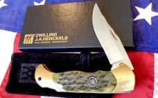 J A Henckels Folding Hunter Pocket Knife w/ Green Pick Bone Handles -NOS +Orig Box