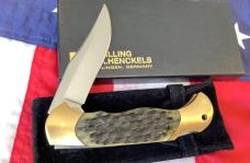 J A Henckels Folding Hunter Pocket Knife w/ Green Pick Bone Handles -NOS +Orig Box