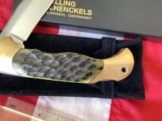 J A Henckels Folding Hunter Pocket Knife w/ Green Pick Bone Handles -NOS +Orig Box