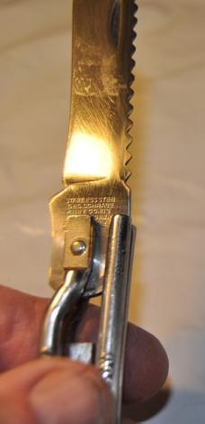 George Schrade Wire frame Knife Pat. 1-27-42 Used Tight Good Snap Tarnish Some Mirror Polish