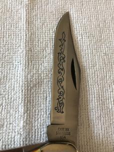 Case XX Folding Hunter Knife USA 5265 SAB SSP 3-DOT 1977 Blue Scroll Stag #11-25-06