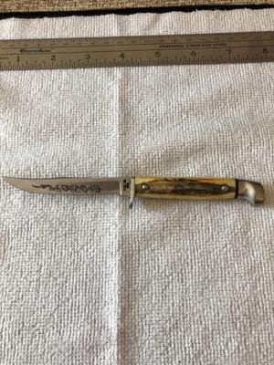 Case XX Fixed Blade Knife USA MF5 SSP 3-DOT 1977 Blue Scroll Stag #11-25-08