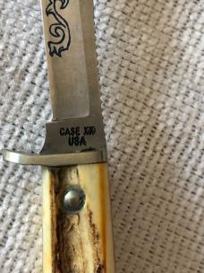 Case XX Fixed Blade Knife USA MF5 SSP 3-DOT 1977 Blue Scroll Stag #11-25-08