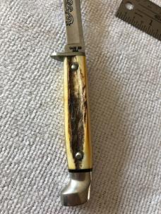 Case XX Fixed Blade Knife USA MF5 SSP 3-DOT 1977 Blue Scroll Stag #11-25-08