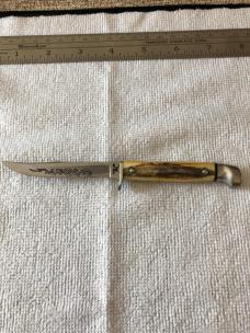 Case XX Fixed Blade Knife USA MF5 SSP 3-DOT 1977 Blue Scroll Stag #11-25-08