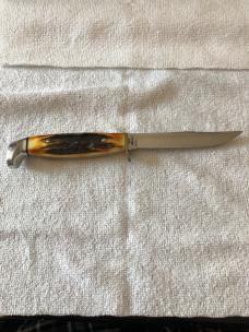Case XX Fixed Blade Knife USA 5FINN SSP 3-DOT 1977 Blue Scroll Stag #11-25-09