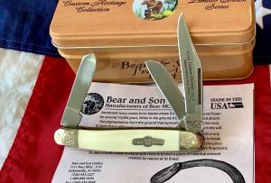 Bear & Son Stockman w/ Sweet Ivory Handles in Orig Tin +Paper work -NOS
