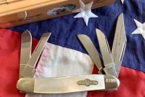 Bear amp Son 5 Blade Stockman w Flashy Mother of Pearl Handles in Orig Tin -NOS