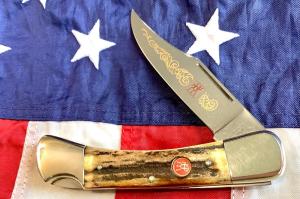 J A Henckels Lg approx 5” Folding Hunter with Nice Stag Handles +Orig Sheath