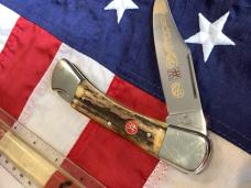J A Henckels Lg approx 5” Folding Hunter with Nice Stag Handles +Orig Sheath