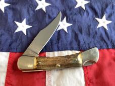 J A Henckels Lg approx 5” Folding Hunter with Nice Stag Handles +Orig Sheath