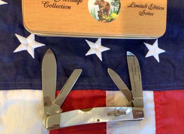 Bear & Son 4” Congress w/ Flashy Mother of Pearl Handles in Orig Tin -NOS Bear & Son 4” Congress w/ Flashy Mother of Pearl Handles in Orig Tin -NOS