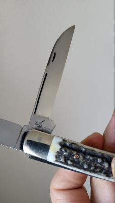 4 3/4" Custom Handmade 2-Blade Gunstock Knife with Premium Stag, Filework