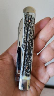 4 3/4" Custom Handmade 2-Blade Gunstock Knife with Premium Stag, Filework