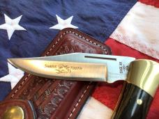 1986 Case xx Shark Tooth Folding Hunter w/ Wood Handles (P197 L SSP) +Orig Sheath & Box