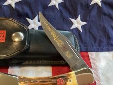 J A Henckels Lg approx 5” Folding Hunter with Nice Stag Handles +Orig Sheath