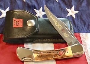 J A Henckels Lg approx 5” Folding Hunter with Nice Stag Handles +Orig Sheath