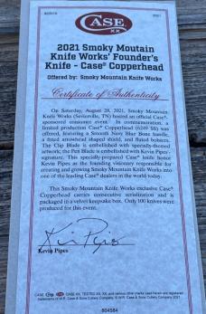 CASE XX ** 2021 SFO SMOKY MOUNTAIN KNIFE WORKS NAVY BLUE BONE FOUNDER'S COPPERHEAD NUMBERED - COA