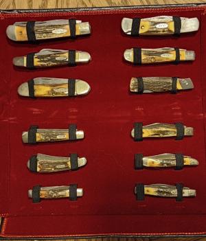 CASE XX Stag Damascus Centennial (1889-1989) 12 piece knife set. SN 461 of 750. Never used, in case.