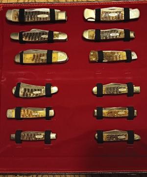 CASE XX  Rogers Bone Damascus Centennial (1889-1989) 12 piece knife set. SN 081 of 750. Never used.