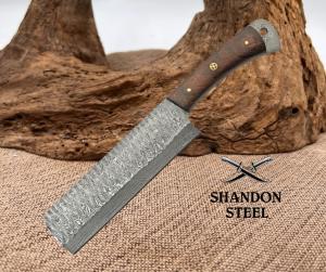 Fixed-Blade Knife Damascus Steel Cleaver 6" Blade Full Tang, Leather Sheath 1265