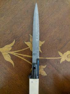 Armenian Automatic — 8.5" Mammoth Handle with Silver Pins, Swedish Damascus Blade, Unique Pick-Lock 
