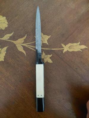 Armenian Automatic — 8.5" Mammoth Handle with Silver Pins, Swedish Damascus Blade, Unique Pick-Lock 