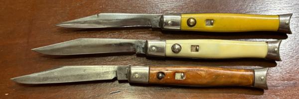 3 Colonial Shur-Snap Fishtail Switchblade Knife, Coffee, Cream, Yellow Scales, Used 3 Colonial Shur-Snap Fishtail Switchblade Knife, Coffee, Cream, Yellow Scales, Used