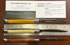 3 Colonial Shur-Snap Fishtail Switchblade Knife, Coffee, Cream, Yellow Scales, Used