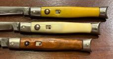3 Colonial Shur-Snap Fishtail Switchblade Knife, Coffee, Cream, Yellow Scales, Used