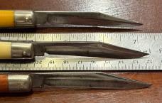 3 Colonial Shur-Snap Fishtail Switchblade Knife, Coffee, Cream, Yellow Scales, Used