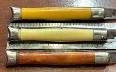 3 Colonial Shur-Snap Fishtail Switchblade Knife, Coffee, Cream, Yellow Scales, Used
