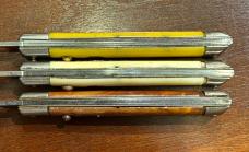 3 Colonial Shur-Snap Fishtail Switchblade Knife, Coffee, Cream, Yellow Scales, Used