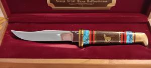 David (Dave) Yellowhorse  Buck Model 102 Knife, Custom Howling Coyote Fixed Blade 